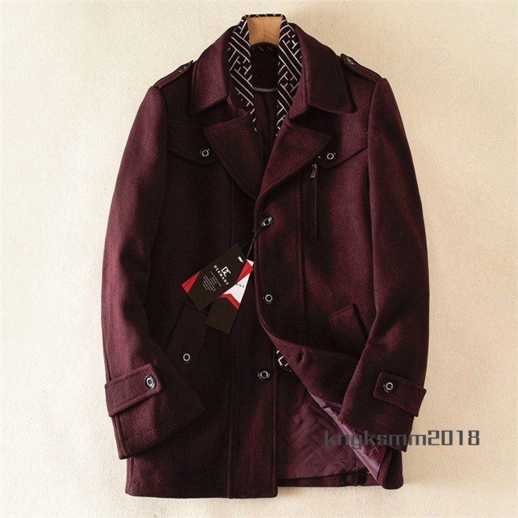 P8403/52A(XL程度)新品DCKMANY■WOOL混コート秋冬中綿入り 厚手 メンズ ウールミドル コート ロング テーラード ジャケット/ワインレッド
