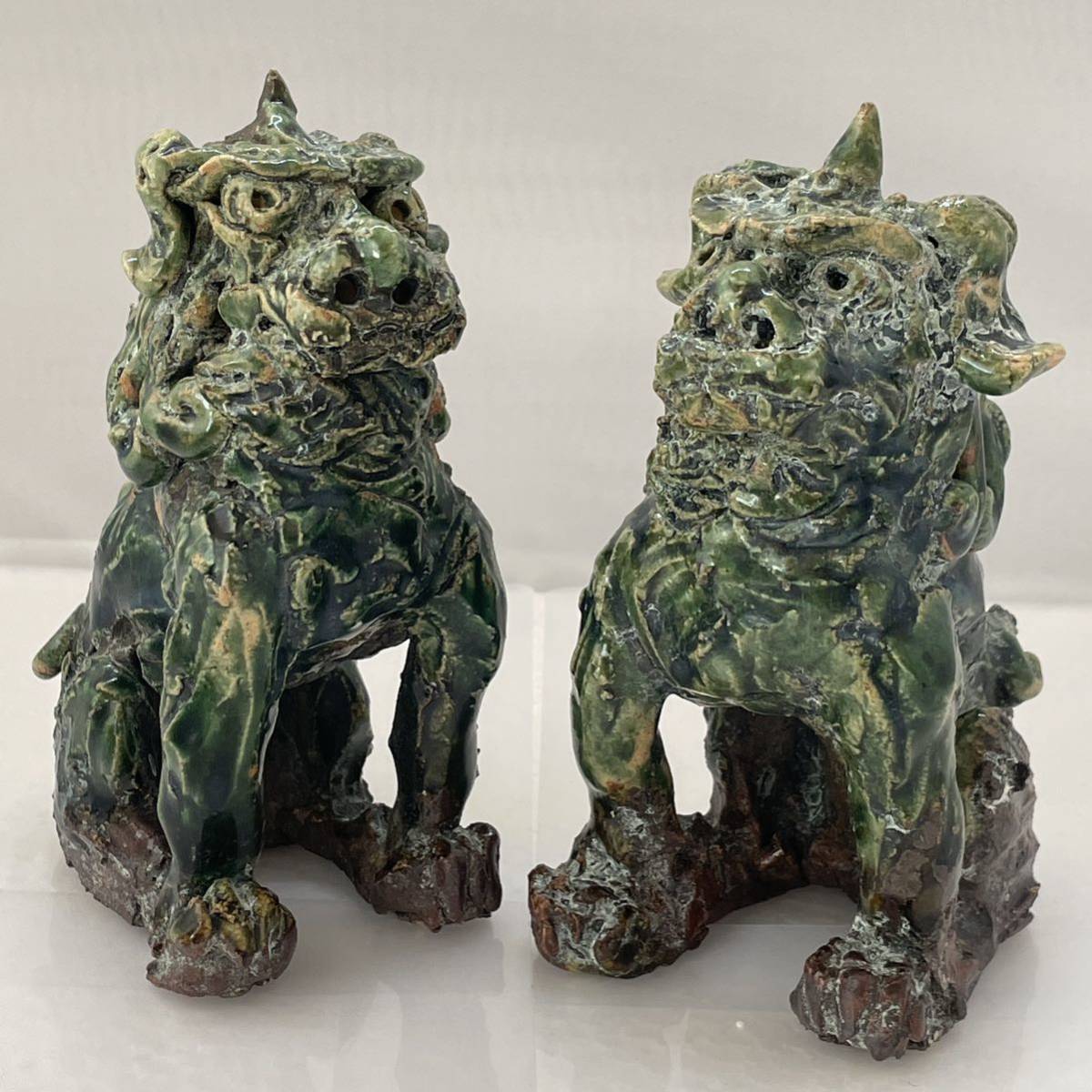 置物 獅子 琉球 中国 狛犬 シーサー 風水 古玩 陶芸 高さ14cm 骨董 
