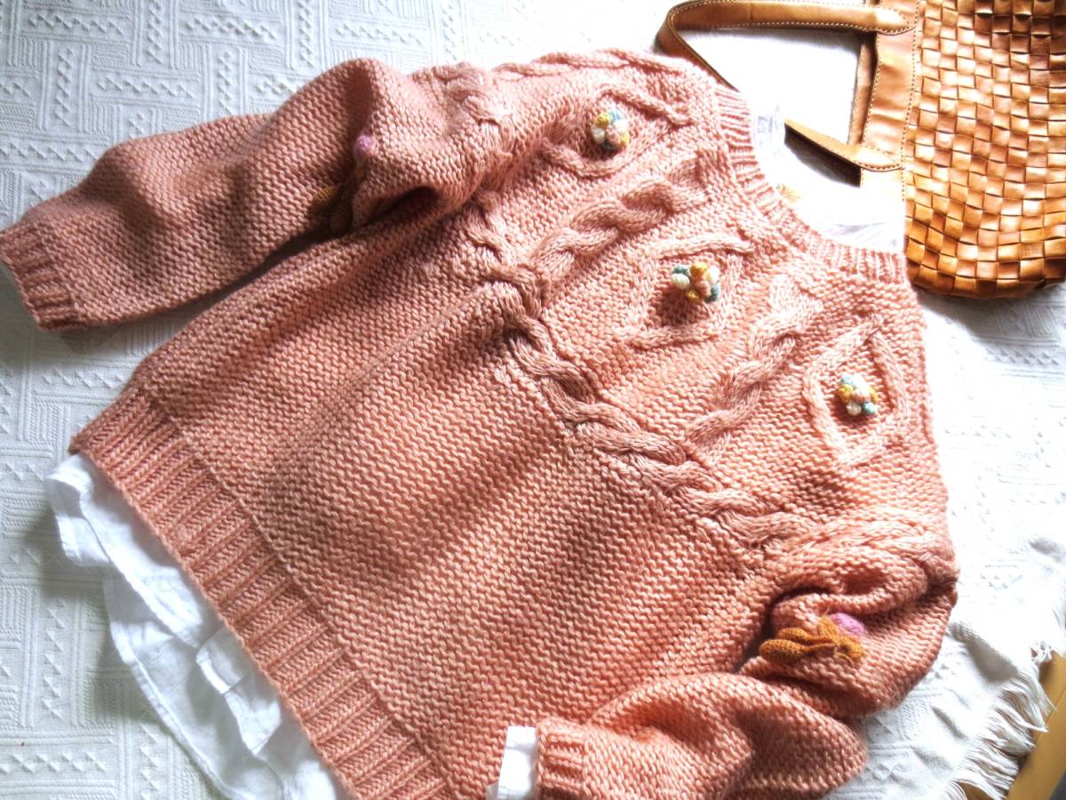 7USED美品★ハンドメイド★手編み棒針編模様編みみアラン柄ウールセーター ニットM