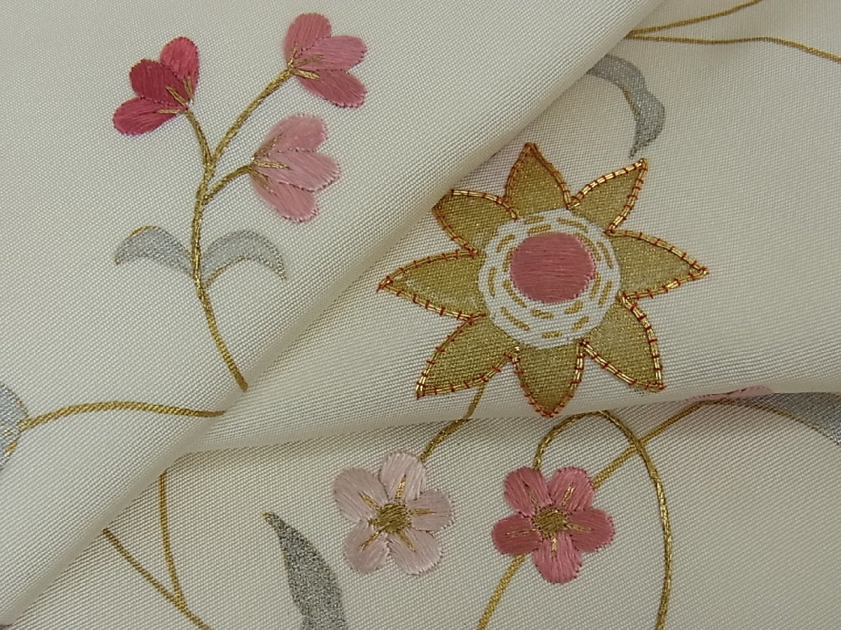 花美人着物□塩瀬 九寸名古屋帯 駒刺繍 花唐草文 金銀彩 逸品 eee3962 