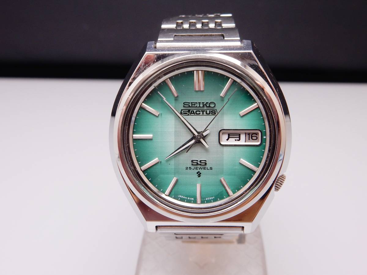 日差無し 希少文字盤 セイコー ファイブ アクタス SEIKO 5 ACTUS 6106-8690 25石 自動巻き グリーン 綺麗カットガラス
