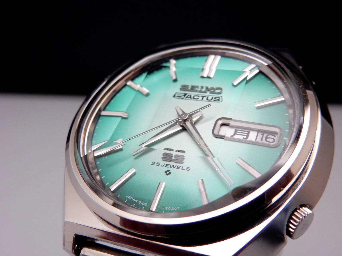 日差無し 希少文字盤 セイコー ファイブ アクタス SEIKO 5 ACTUS 6106-8690 25石 自動巻き グリーン 綺麗カットガラス
