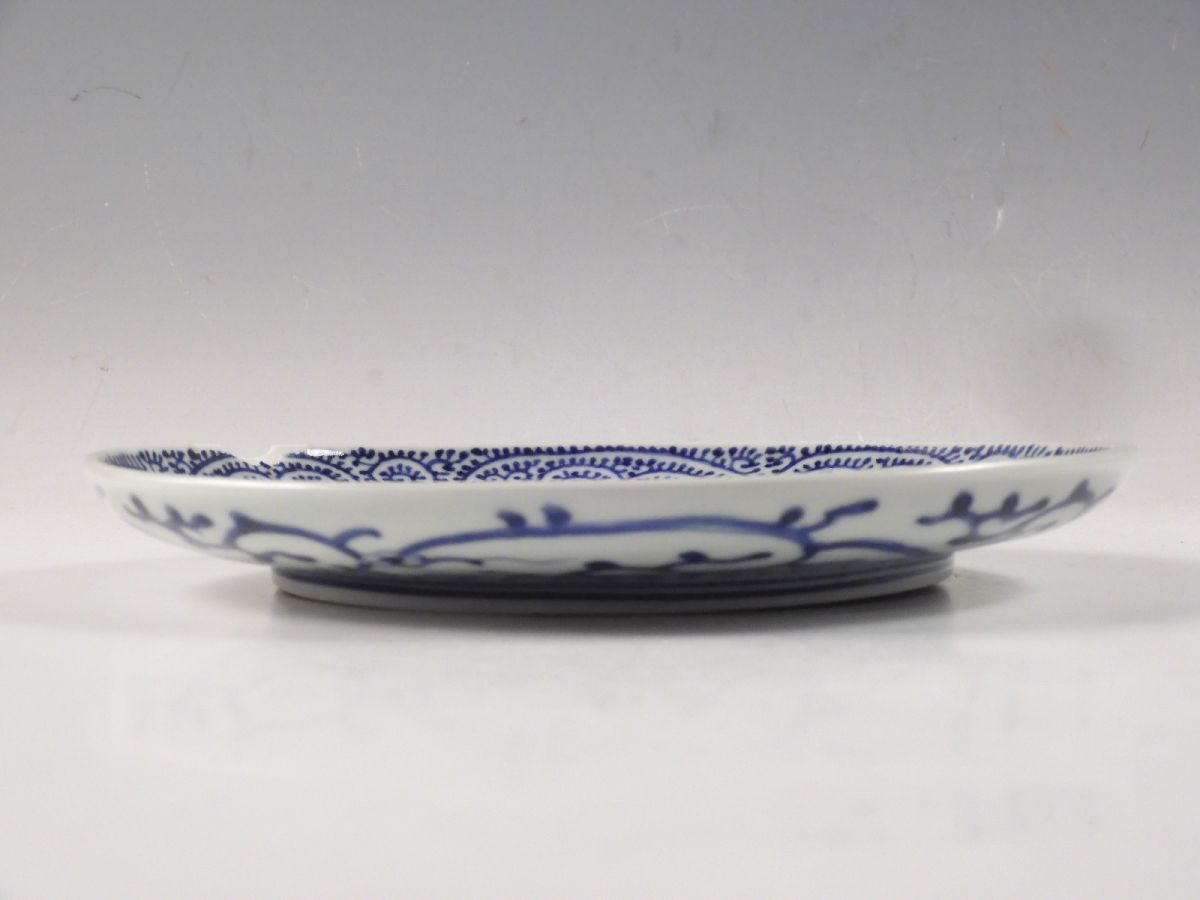 ○栄○古伊万里 染付 蛸唐草文 飾皿 18.4cm 江戸期