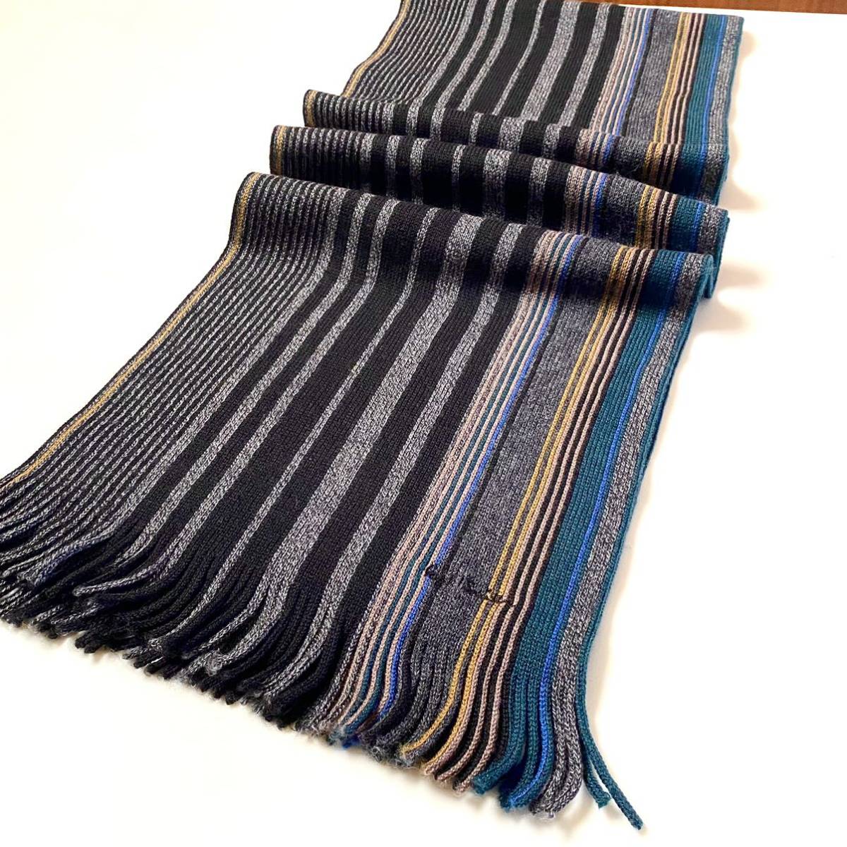 未使用　定価19440円 Paul Smith ポールスミス ラム ウール マフラー フリンジ マルチ ストライプ ドイツ製 羊毛100%