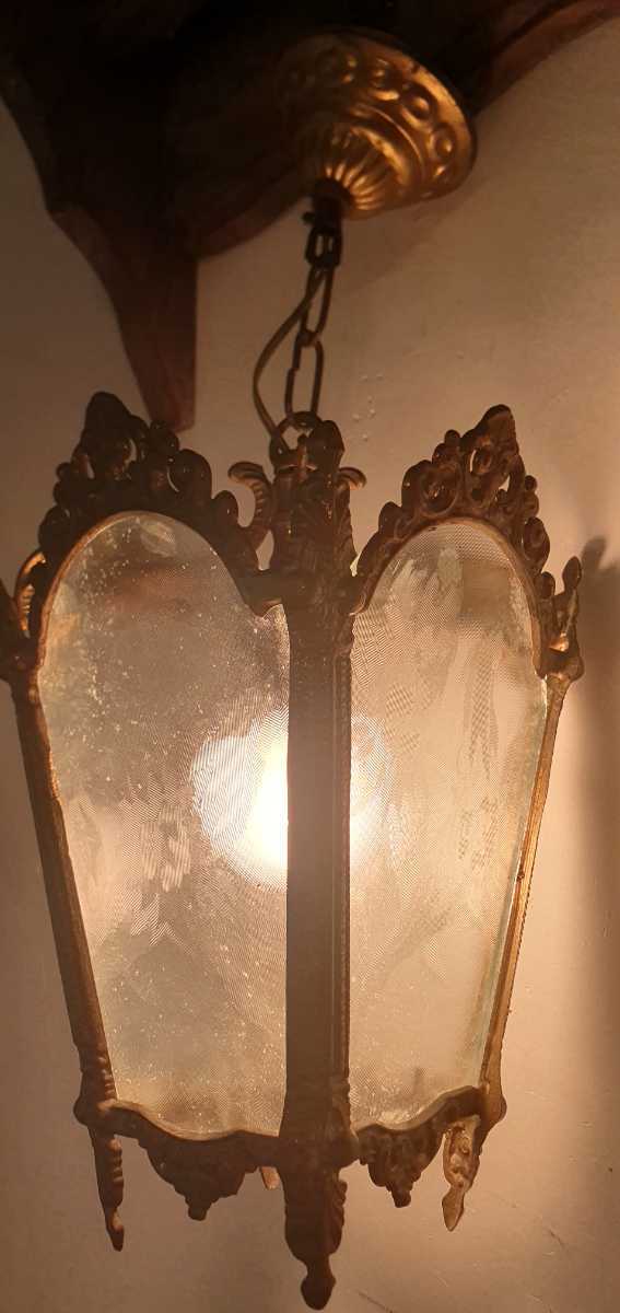 C010123フランス　ブロカント☆ガラスとブロンズの1灯ペンダントライト照明☆雑貨☆海外 フレンチ　インテリア　