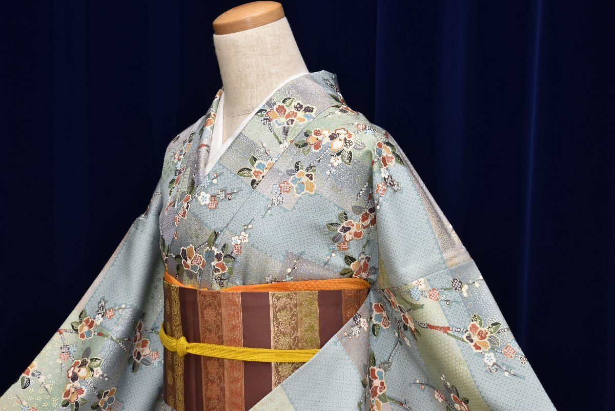 小紋 身丈158cm 裄丈69cm L 袷 波 ぼかし 青 正絹 美品 秀品 【中古