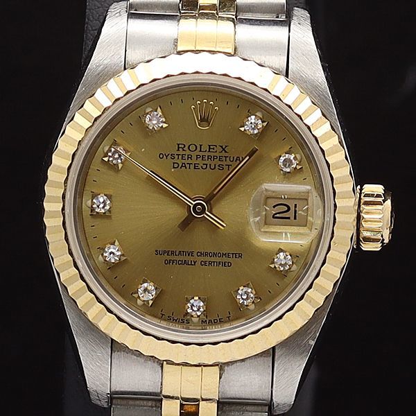 1円 稼働 良品 箱付 ロレックス AT/自動巻 69173G デイトジャスト SS×YG 石付 ゴールド文字盤 レディース腕時計 6943530◇