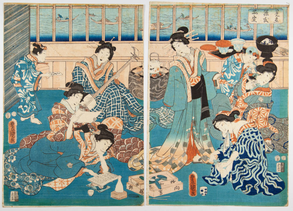 ◇狐◇T302 三代豊国 役者絵 キセル 二枚続き ヤケ◇版画◇浮世絵◇真