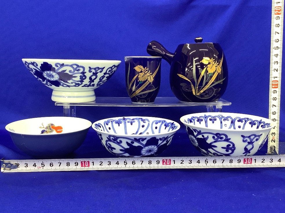 未使用品】深川製磁ロゴ入り ○百年庵 青磁蓋物+その他食器類 合計6