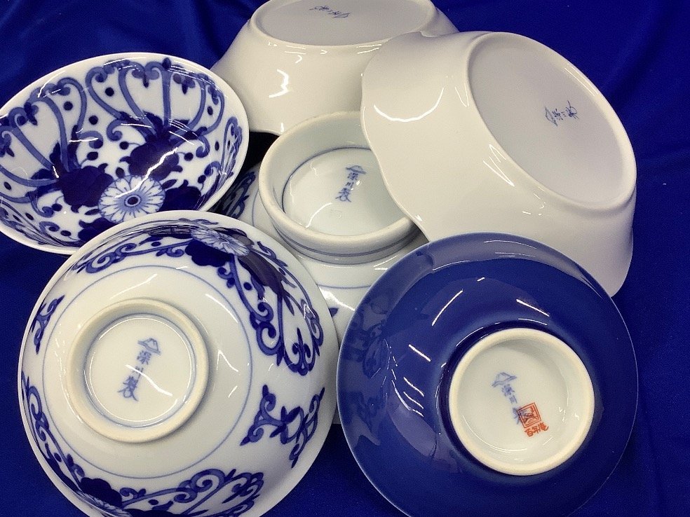 未使用品】深川製磁ロゴ入り ○百年庵 青磁蓋物+その他食器類 合計6