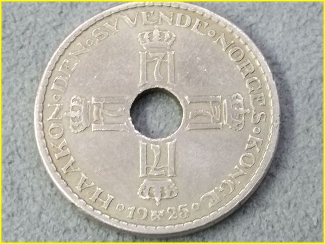 ノルウェー王国 1クローネ硬貨/1925年】 NORGE 1KR/1 KRONE/穴あき 