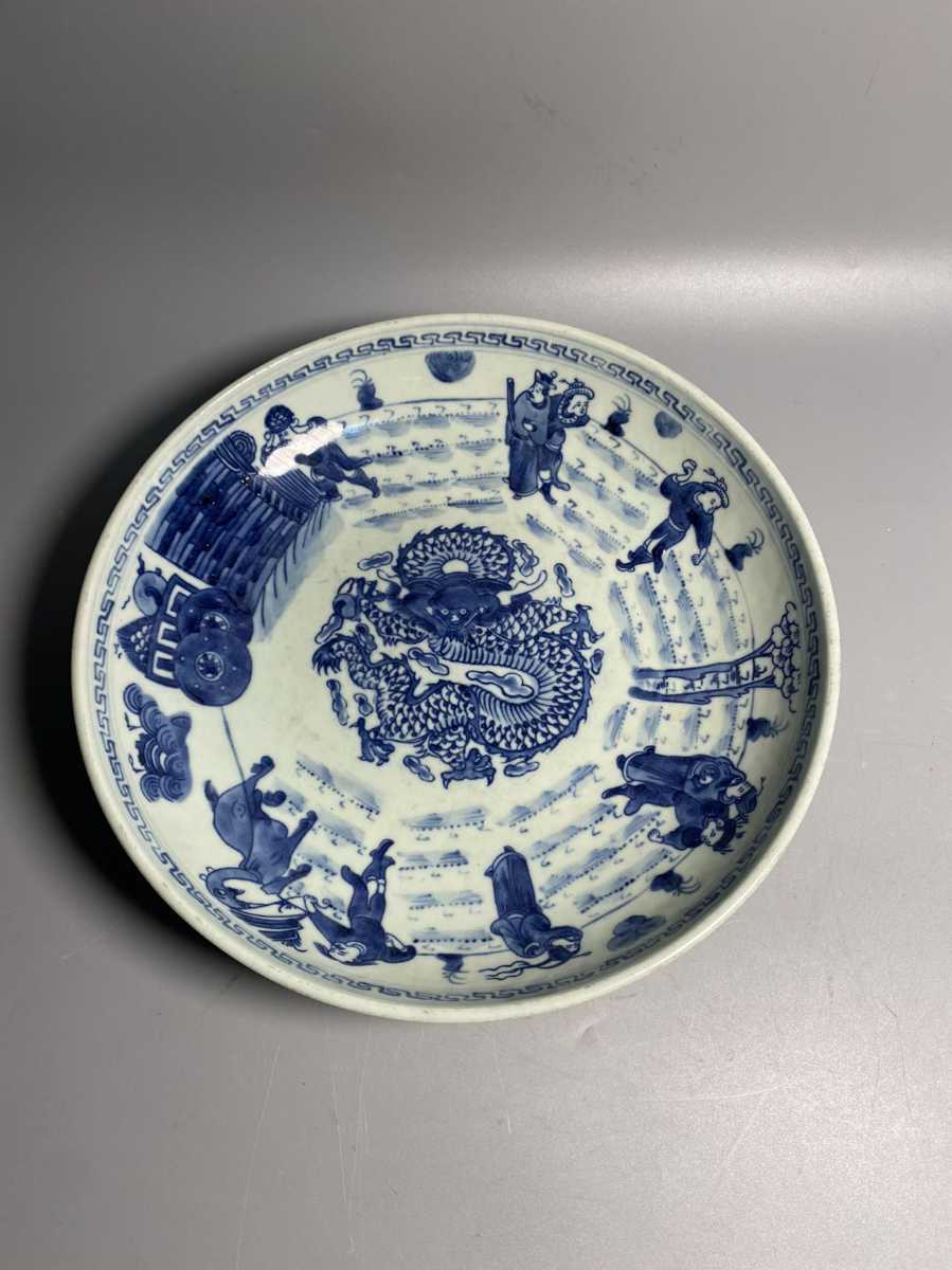 旧家蔵出 清朝期 青花大皿 白泥 景徳鎮製 骨董 染付 唐物 煎茶道具 中国古玩 中国古美術 