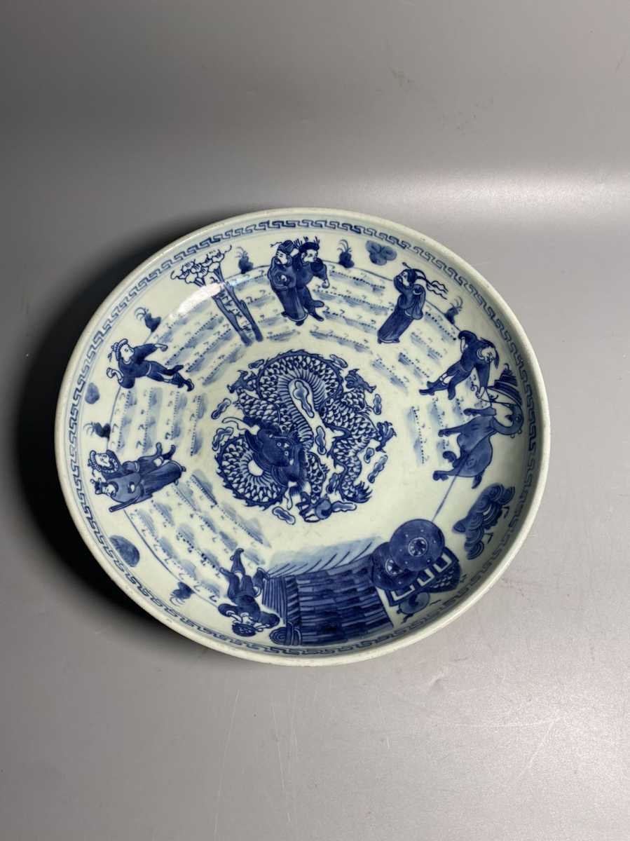 旧家蔵出 清朝期 青花大皿 白泥 景徳鎮製 骨董 染付 唐物 煎茶道具 中国古玩 中国古美術 