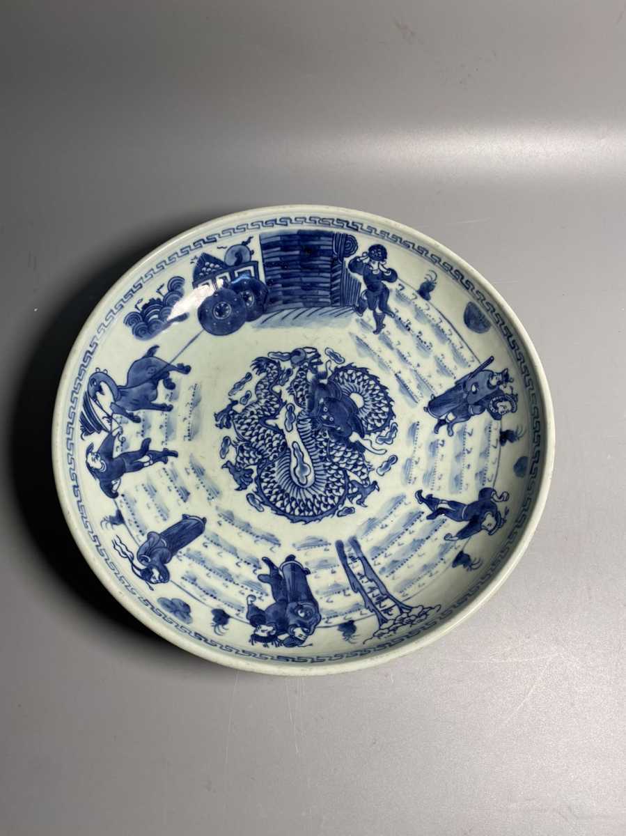 旧家蔵出 清朝期 青花大皿 白泥 景徳鎮製 骨董 染付 唐物 煎茶道具 中国古玩 中国古美術 