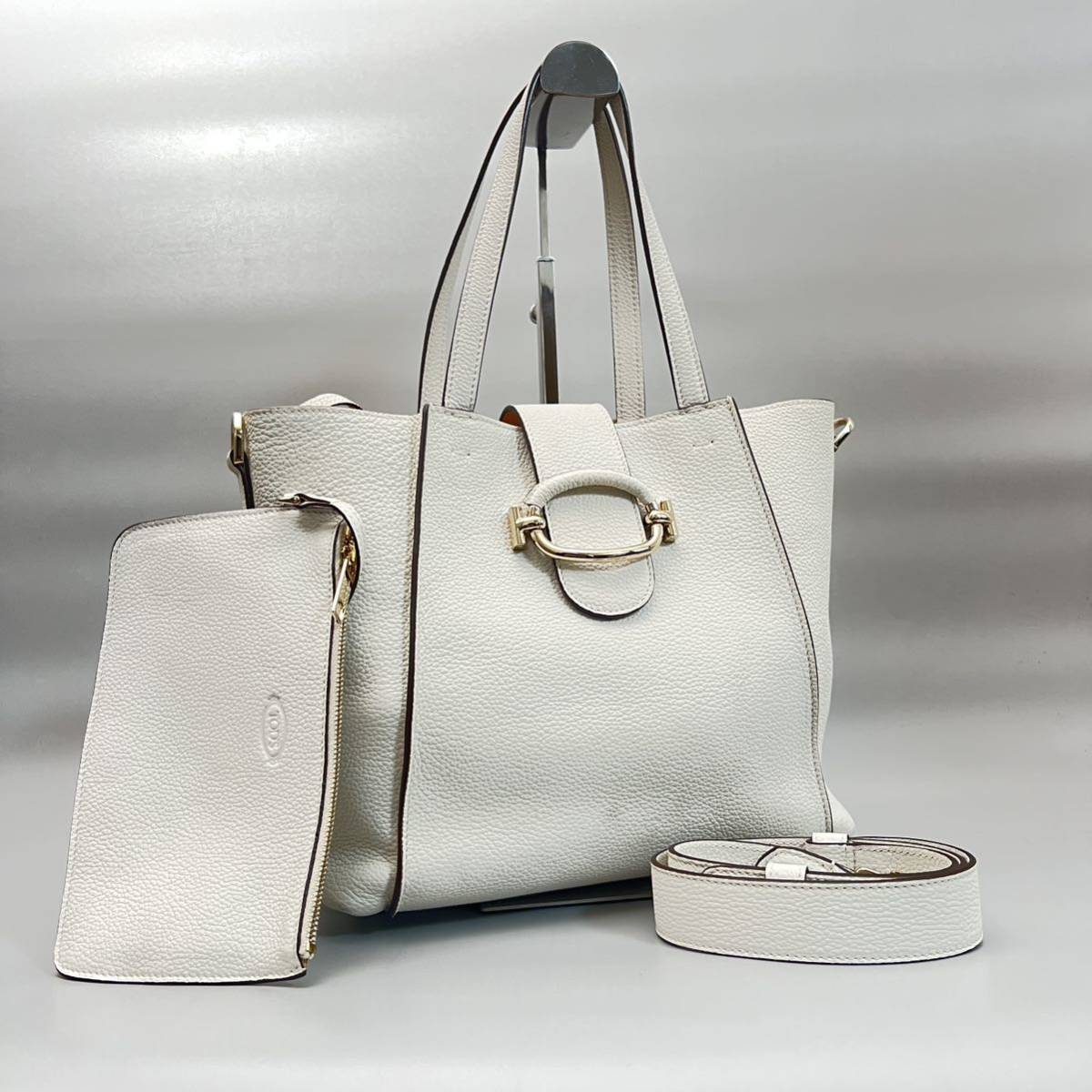 1円〜 TOD'S トートバッグ ダブルTリング 2way ポーチ付き シルバー金具 ホワイト ショルダー付き 肩掛け 手提げ レザー ロゴ シリアル有