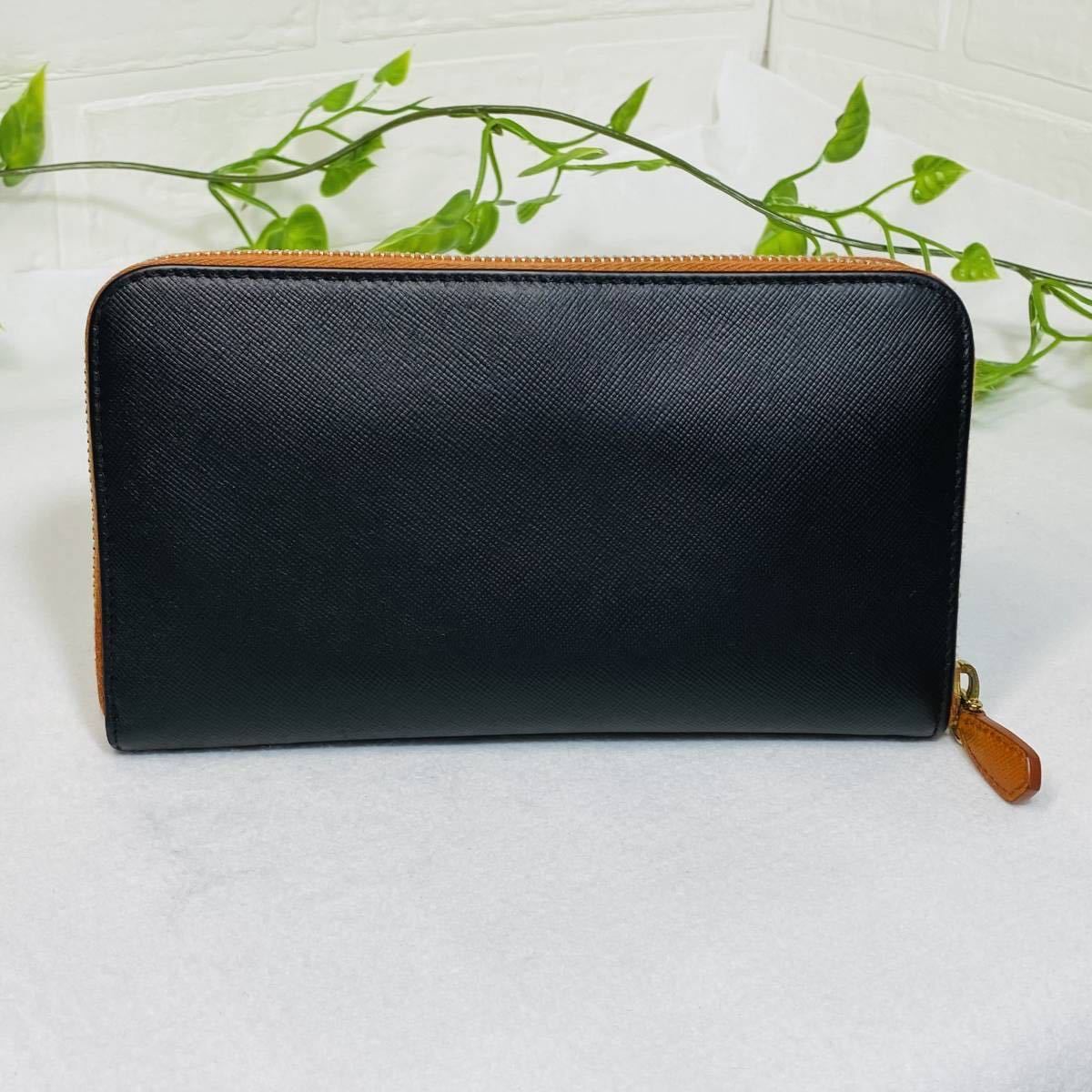 極美品》PRADA プラダ レザー 黒 橙 マットブラック オレンジ 長財布 
