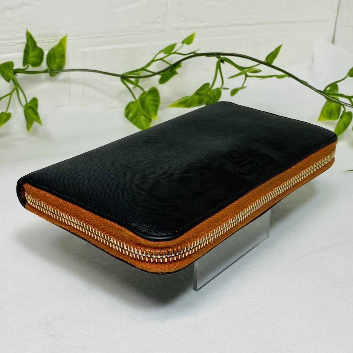 極美品》PRADA プラダ レザー 黒 橙 マットブラック オレンジ 長財布 