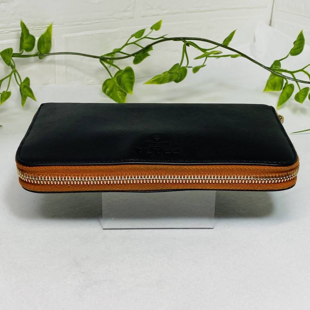 極美品》PRADA プラダ レザー 黒 橙 マットブラック オレンジ 長財布 