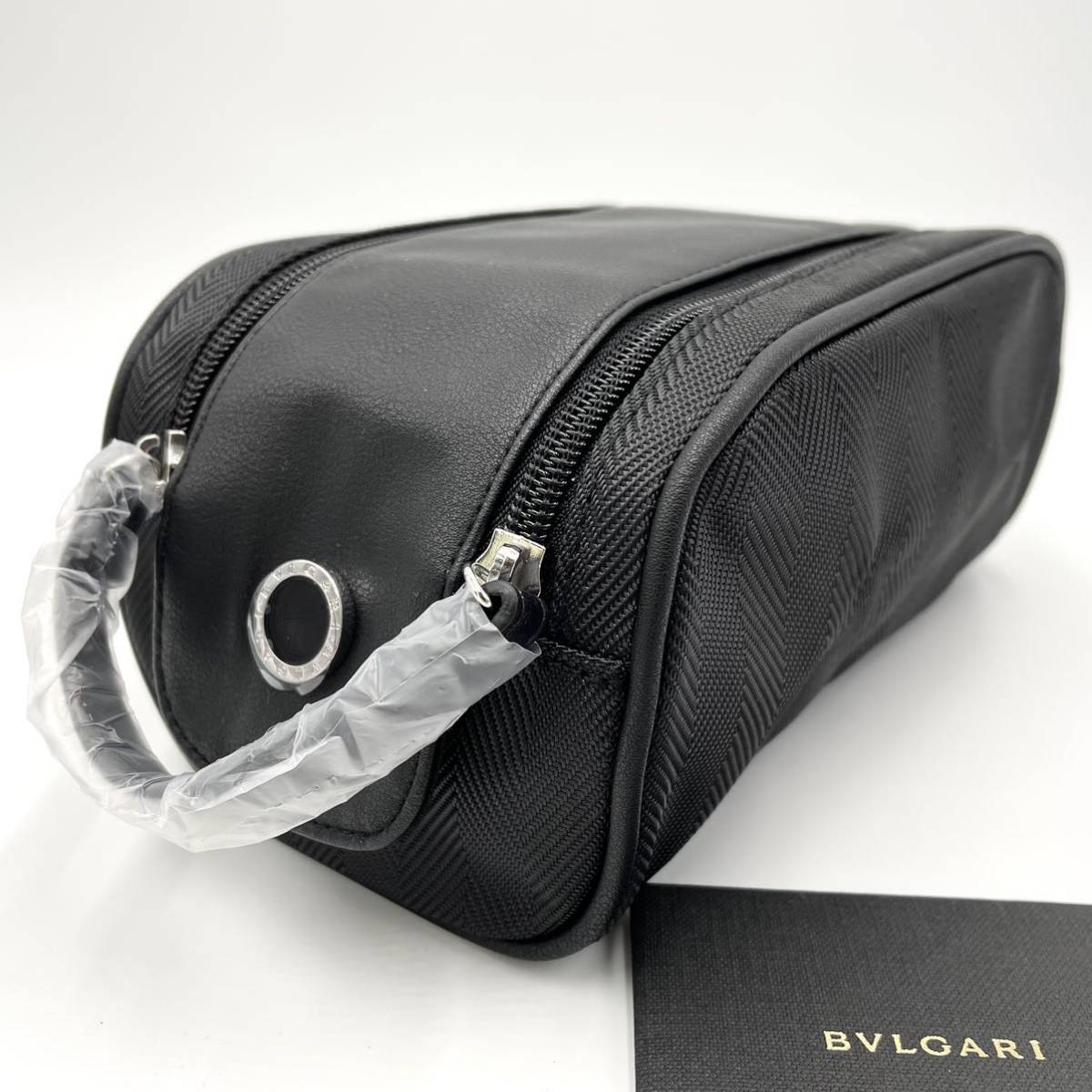 BVLGARI 【新品/未使用】 メンズ セカンドバッグ サークル金具 ブルガリ クラッチバッグ ダブルジップ 黒 レザー ヘリンボーン ビジネス