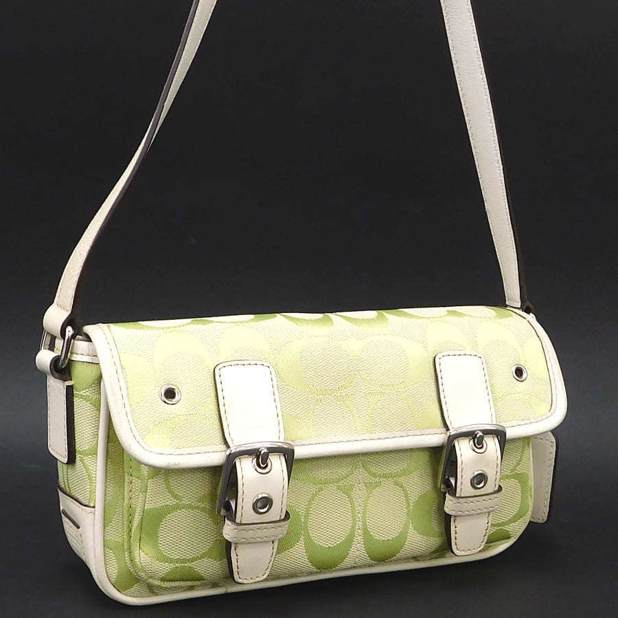 1円 ■ 極美品 コーチ ショルダーバッグ 6844 イエローグリーン系 キャンバス シグネチャー COACH ■ E.Bssl.tI-19
