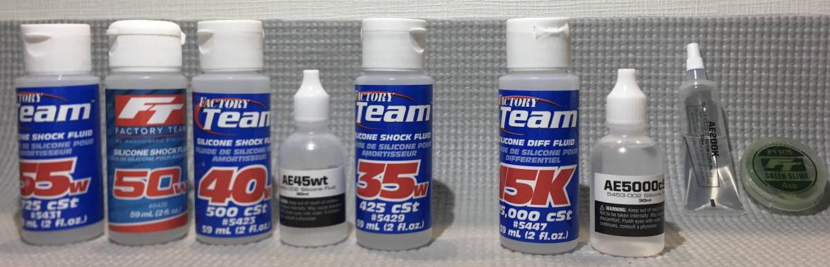 TEAM ASSOCIATED Factory Team 55w， 50w， 40w， 30w Shock Oils， 5000， 15000 Differential Fluid Unused. 45w， 200k， Green Slime Bonus