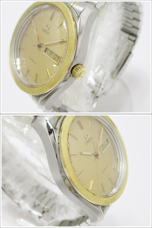 B23-142【稼働品】OMEGA オメガ 5120.10 シーマスター 自動巻き 腕時計 デイデイト ゴールド文字盤 コンビ メンズ ケース コマ タグ 中古