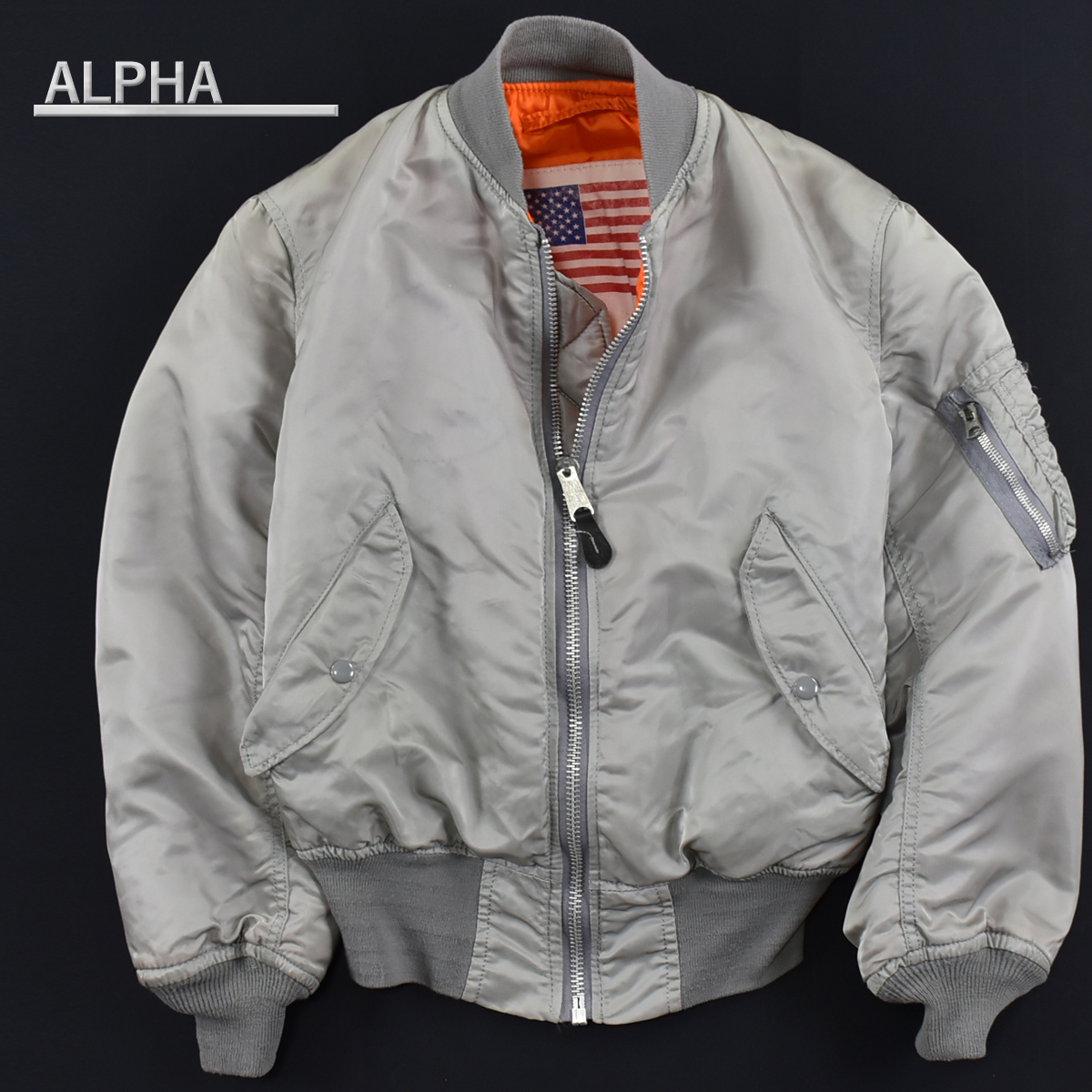 ALPHA アルファ 旧タグ ★ USA製 MA-1 MIL-J-82790J ブラッドチット付き IDEALジップ ブルゾン フライトジャケット グレー メンズ S