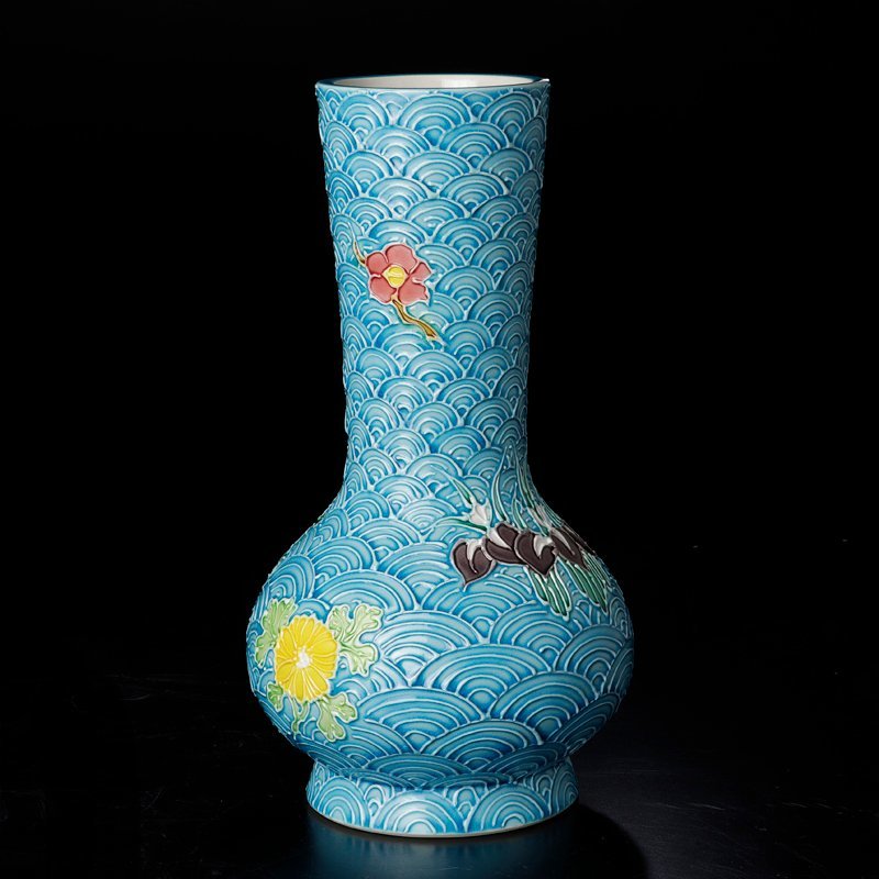 ★中古品★茶道具　翠嵐窯　浅黄交趾青海波草花皆具（共箱） 古美味】中村翠嵐窯 浅黄交趾 青海波草花皆具 茶道具 保証品