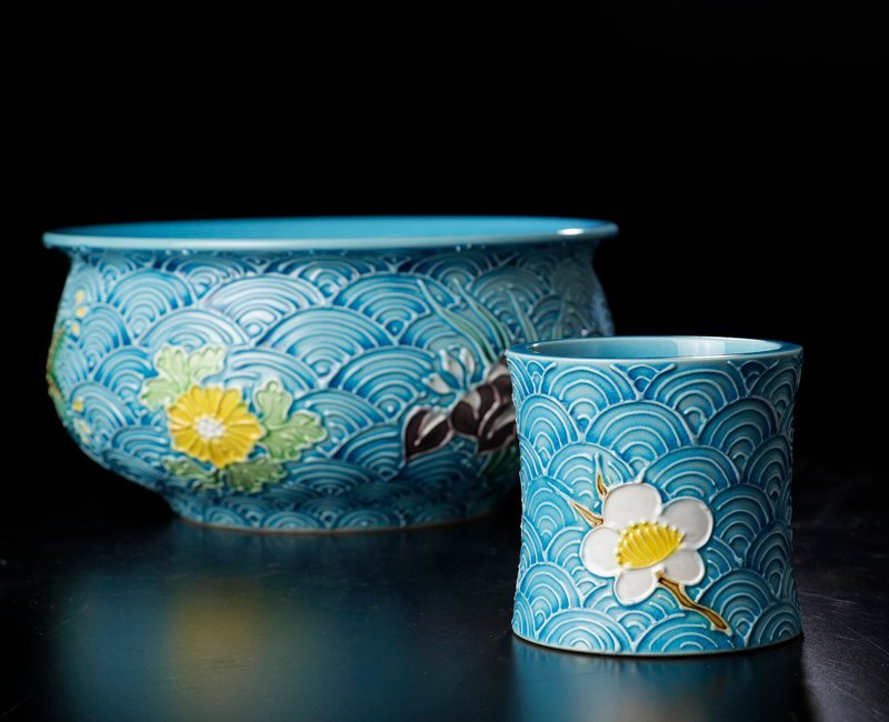 ★中古品★茶道具　翠嵐窯　浅黄交趾青海波草花皆具（共箱） 古美味】中村翠嵐窯 浅黄交趾 青海波草花皆具 茶道具 保証品