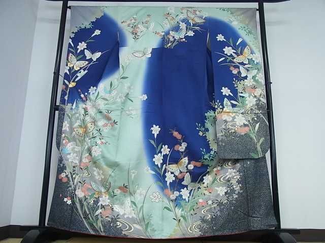 正絹 黒　振袖 共八掛 金彩 花柄 ぼかし 成人式 裄68cm 身丈160cm レディース 正絹 黒 振袖 共八掛 金彩 花柄 ぼかし 成人式 裄68cm 身丈