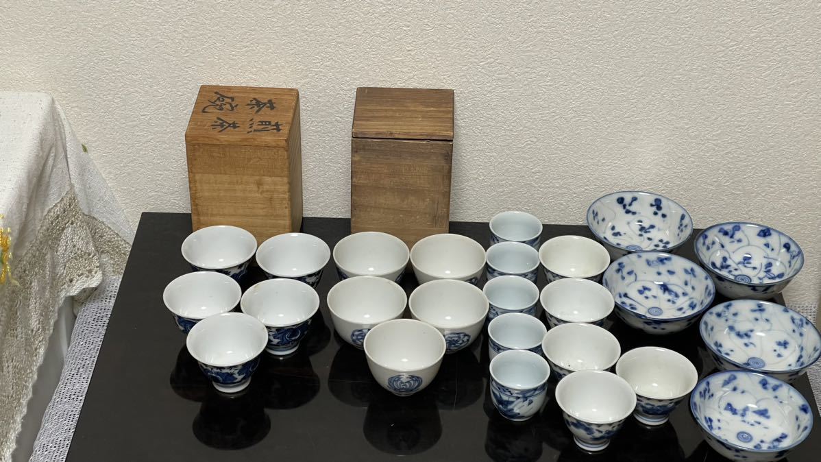 蔵出 染付 盃 湯呑 まとめ 染付 盃 骨董 底款 玩玉 茶器セット」