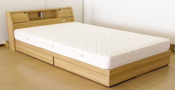 フラップ扉棚引出付収納ベッド　ダブル 　マットレス付き　 ナチュラル色 　フレーム日本製 