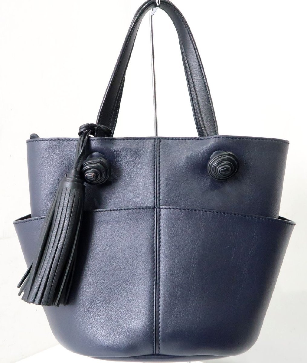 美品 トッズ フリンジ付き バケツ トートバッグ ハンドバッグ ネイビー 
