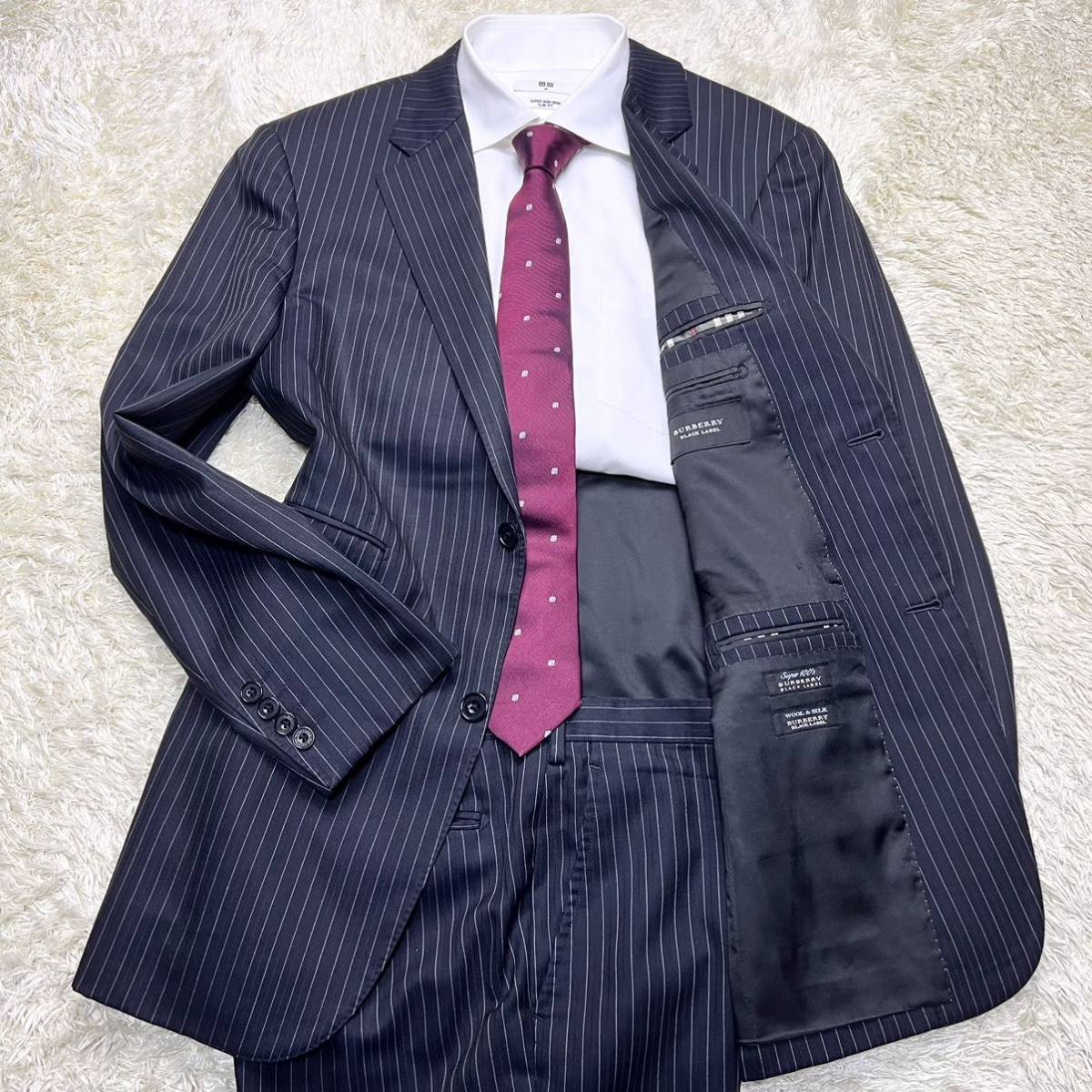 美品／BURBERRY BLACK LABEL バーバリー 上質シルク混Super100’s ウール スーツ セットアップ 2B ブラック ストライプ 42L 大きいサイズ