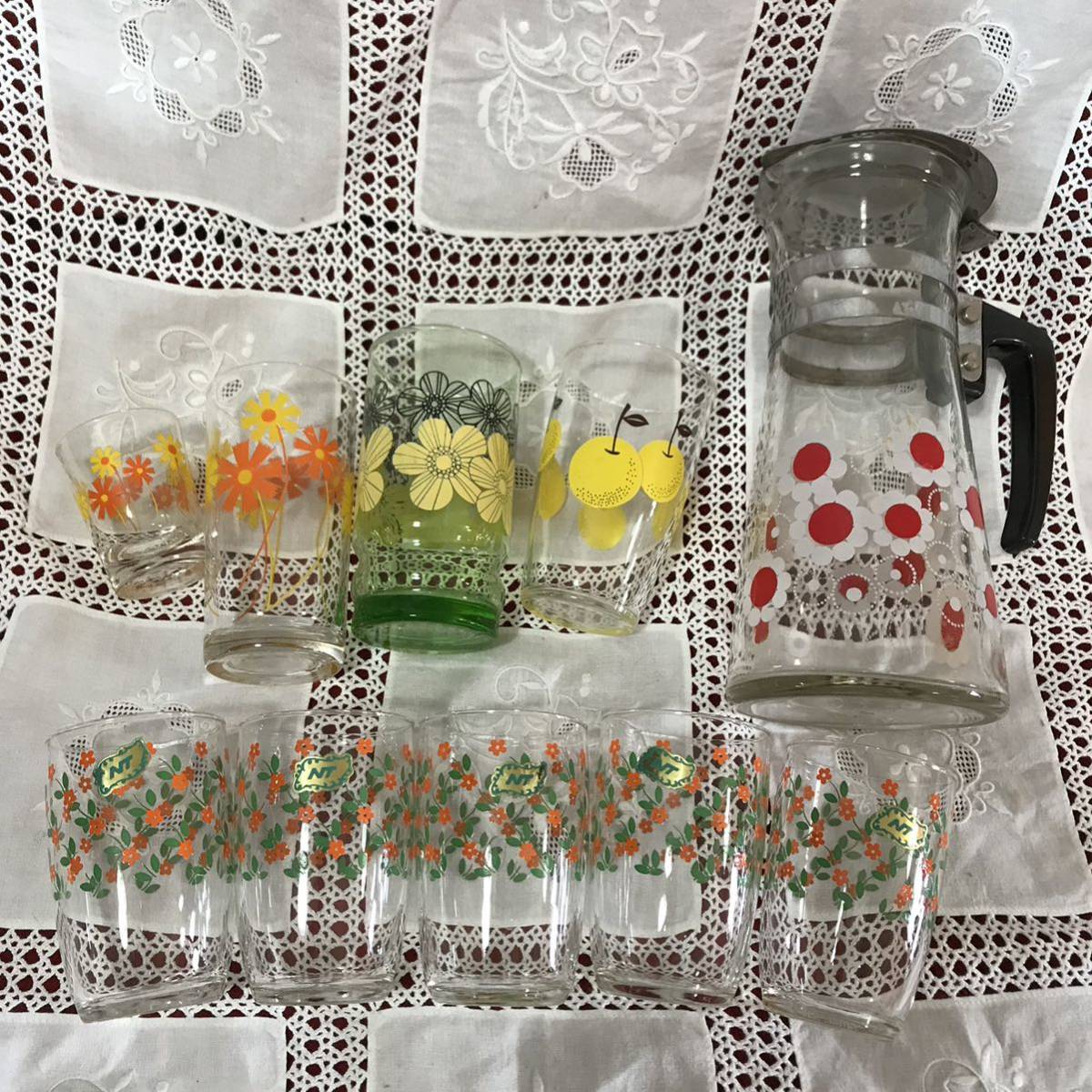B8651 昭和レトロ ガラスコップ アデリアガラス 10点セット 絵柄色々 フラワープリント レトロポップ 