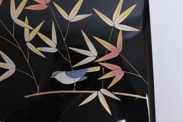 未使用 曽根工芸 書類箱 文箱 書類入 天然木 漆塗 螺細細工 黒塗 笹鳥 