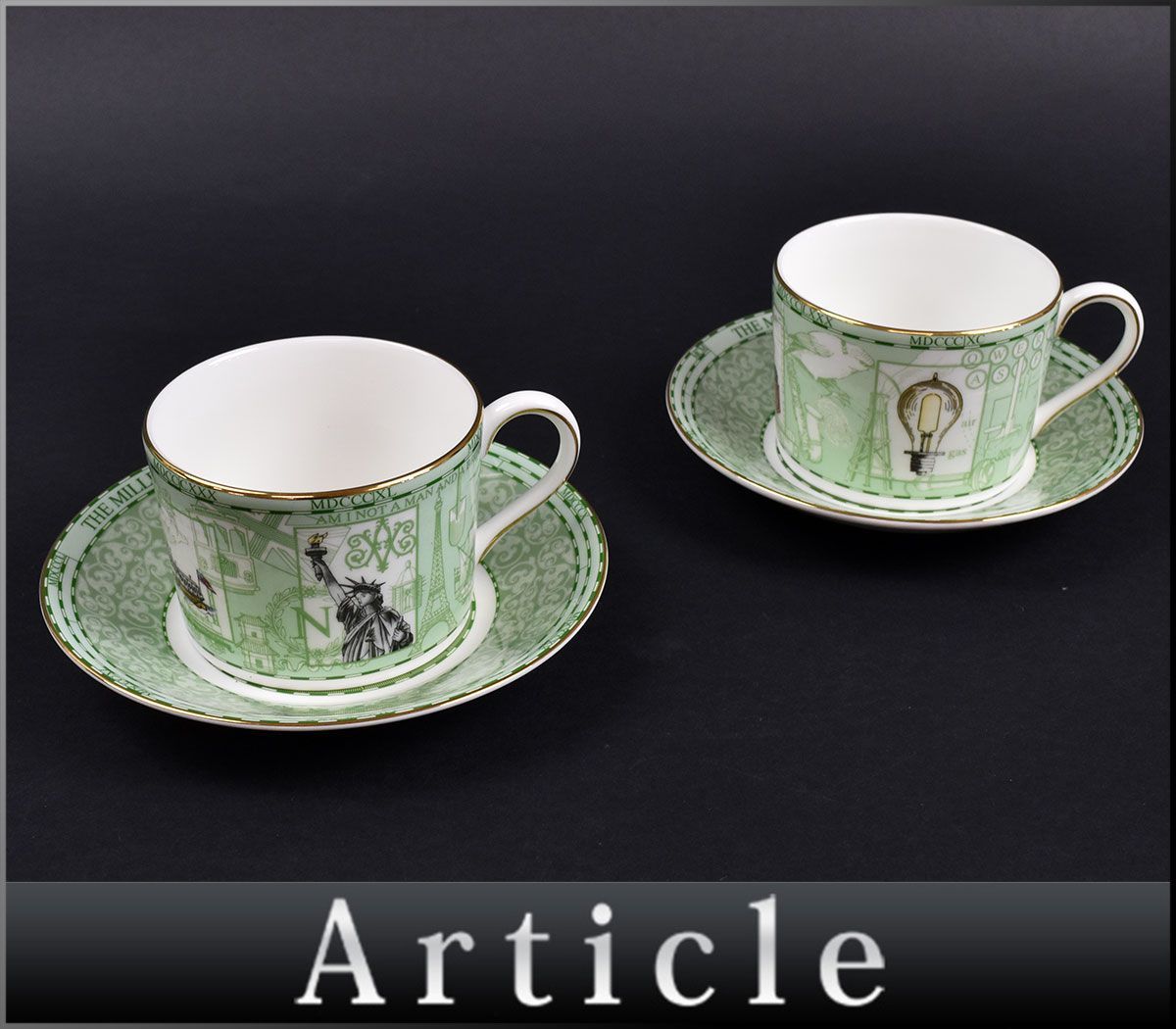 142224◆美品 WEDGWOOD ウェッジウッド ミレニアムコレクション1998年 カップ ソーサー 2客 ボーンチャイナ グリーン テーブルウェア/ H