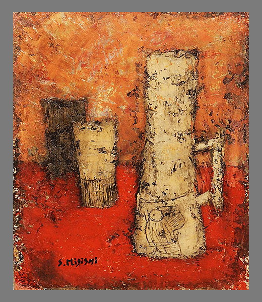 【真作】■三岸節子■机上の水コップ図油彩画額■肉筆■額装■静物画/風景画■