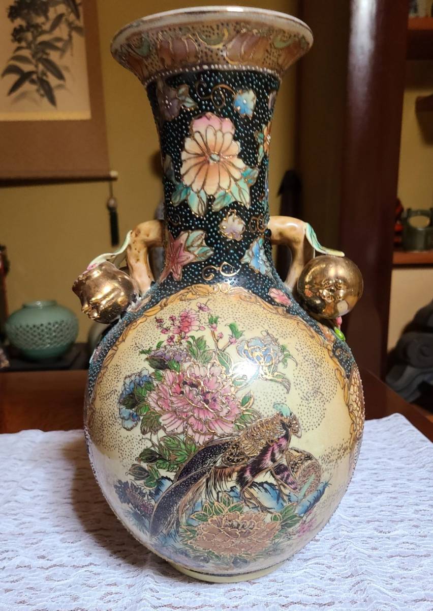 アンティーク 菊 壺 置物 九谷焼 九谷隆祥 大型 花瓶 壺 陶器 置物 鶴