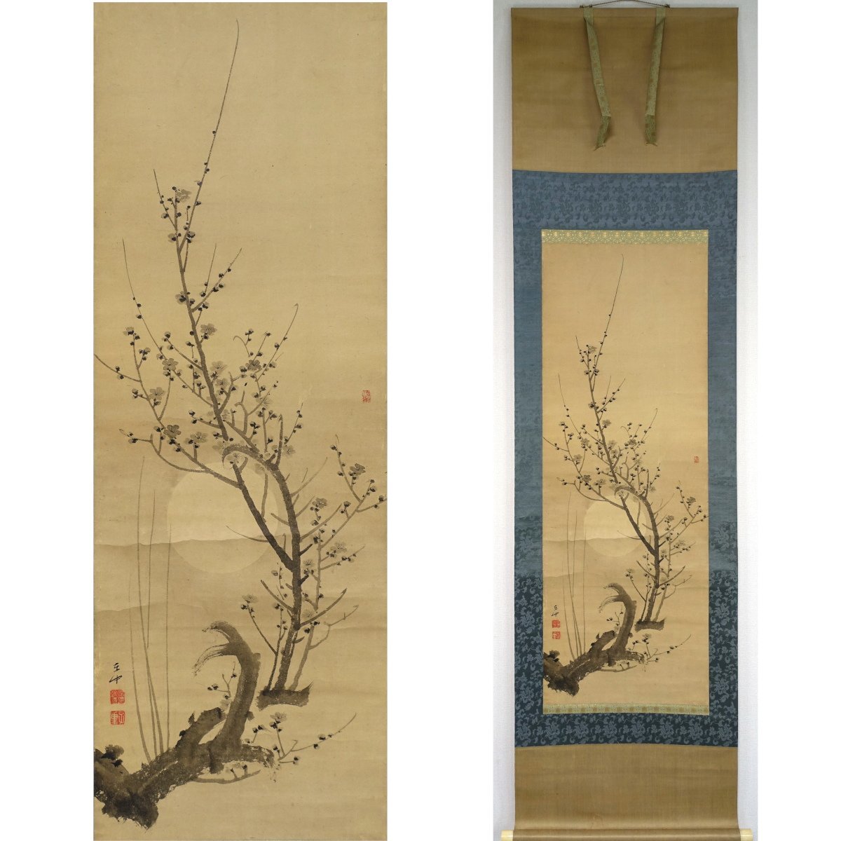 掛け軸】 池上秀畝 「紅桃雛鶩」 真作 真筆保証 絹本 共箱 二重箱 四条