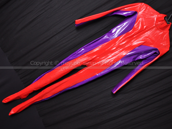 C1828-03★Ba2RUBBER バァニーラバー 光沢PVCエナメルラバー足先ありキャットスーツ プレミアムType2レッド×パープル カスタムカラー M