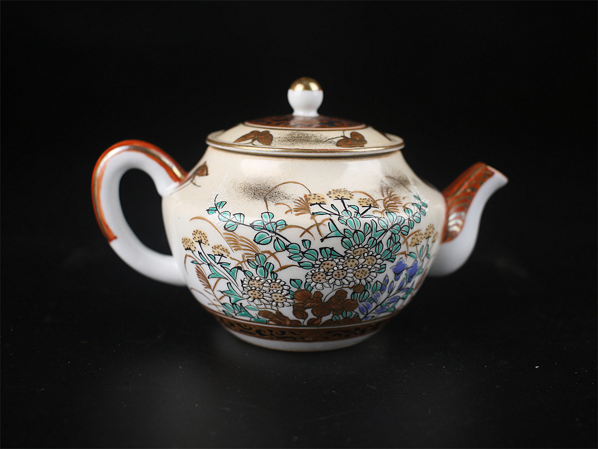C9765 明治時代 【九谷焼】 色絵 花蝶文 急須 茶杯 茶器セット／箱付 