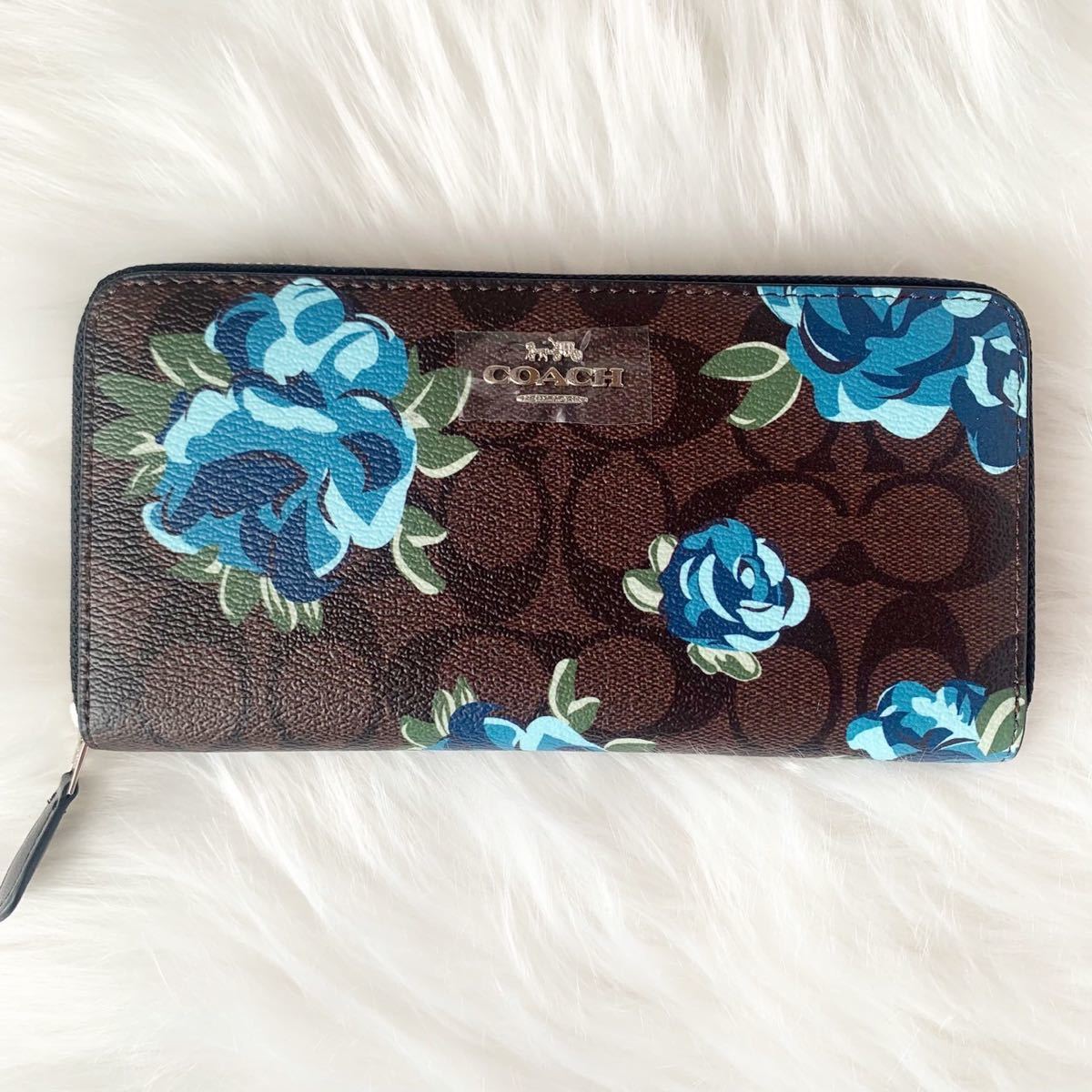 新品未使用】 COACH コーチ 長財布 花柄 シグネクチャー ブルー 薔薇 
