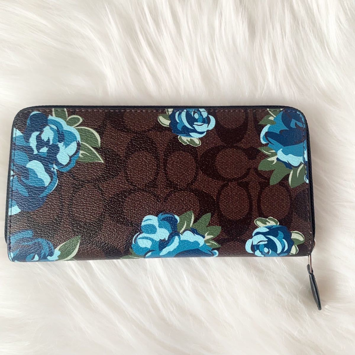 新品未使用】 COACH コーチ 長財布 花柄 シグネクチャー ブルー 薔薇 