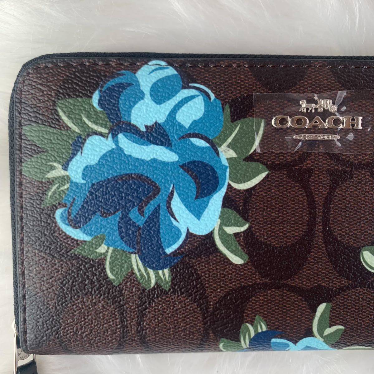 新品未使用】 COACH コーチ 長財布 花柄 シグネクチャー ブルー 薔薇 