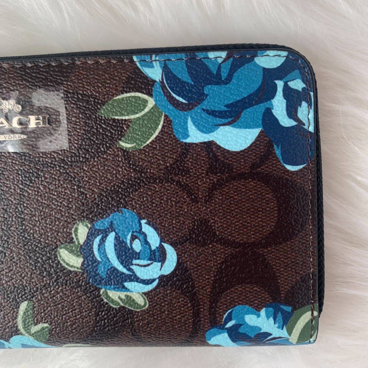 新品未使用】 COACH コーチ 長財布 花柄 シグネクチャー ブルー 薔薇 
