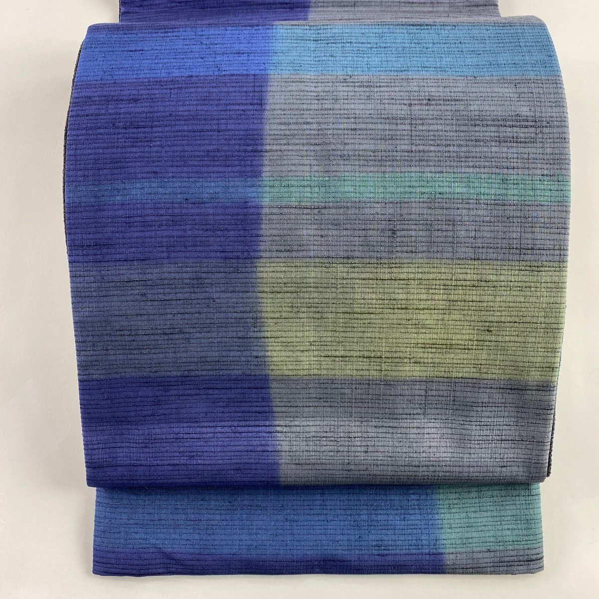 袋帯 美品 名品 落款 縞 ぼかし 青緑 全通 正絹 【中古】