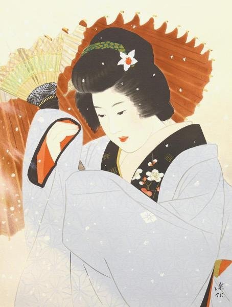 真作 WISH 伊東深水 雪 リトグラフ 8号大 証明シール 〇美人画