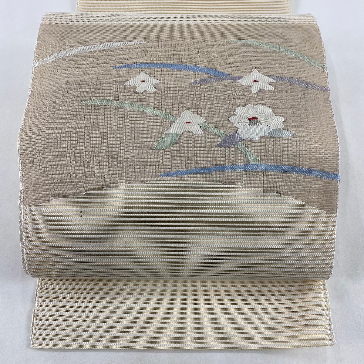 名古屋帯 美品 優品 八寸名古屋帯 夏帯 絽 草花 銀糸 ベージュ 正絹 【中古】