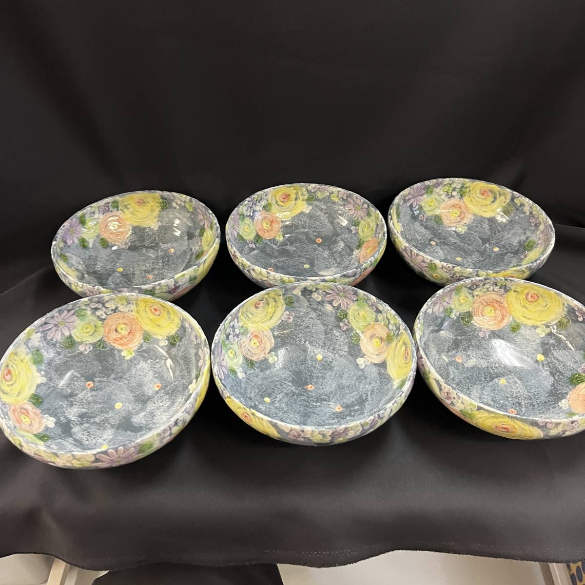 【中古 送料込】ゆずりは工房 陶器 花柄ボウル皿6客セット 高さ8cm×口径20.5cm◆D4673